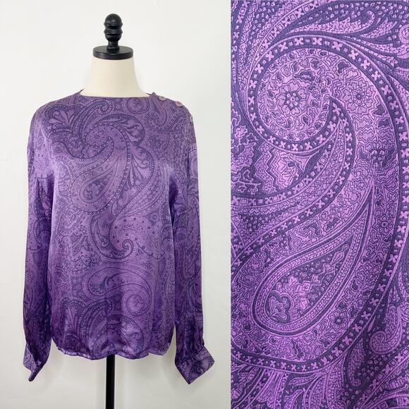 Vintage Salvatore Ferragamo Paisley Blouse Purple Silk 80s Work Boho Size 10 - Picture 1 of 15